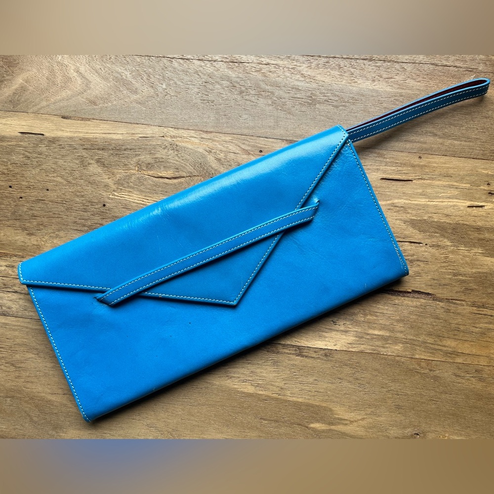 TUSK Leather Envelope Clutch Wristlet Azure